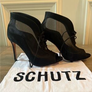 Schutz Black Suede & Mesh Lace-Up Peep-Toe Booties, size 6.5